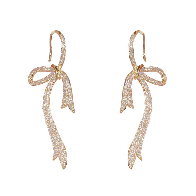 14K Gold-Plated Full Diamond Bow Long Earrings - Chic Elegant Design