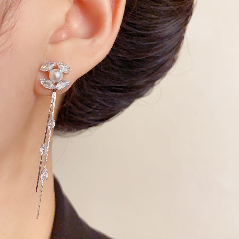 Elegant Zircon Pearl Tassel Drop Earrings – Classic Design