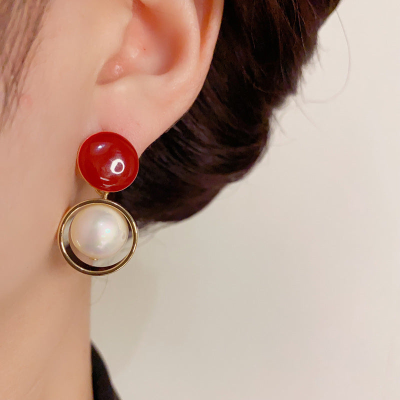 14K Gold-Plated Red Oil-Drop Pearl Drop Earrings - Chic&Elegant Design