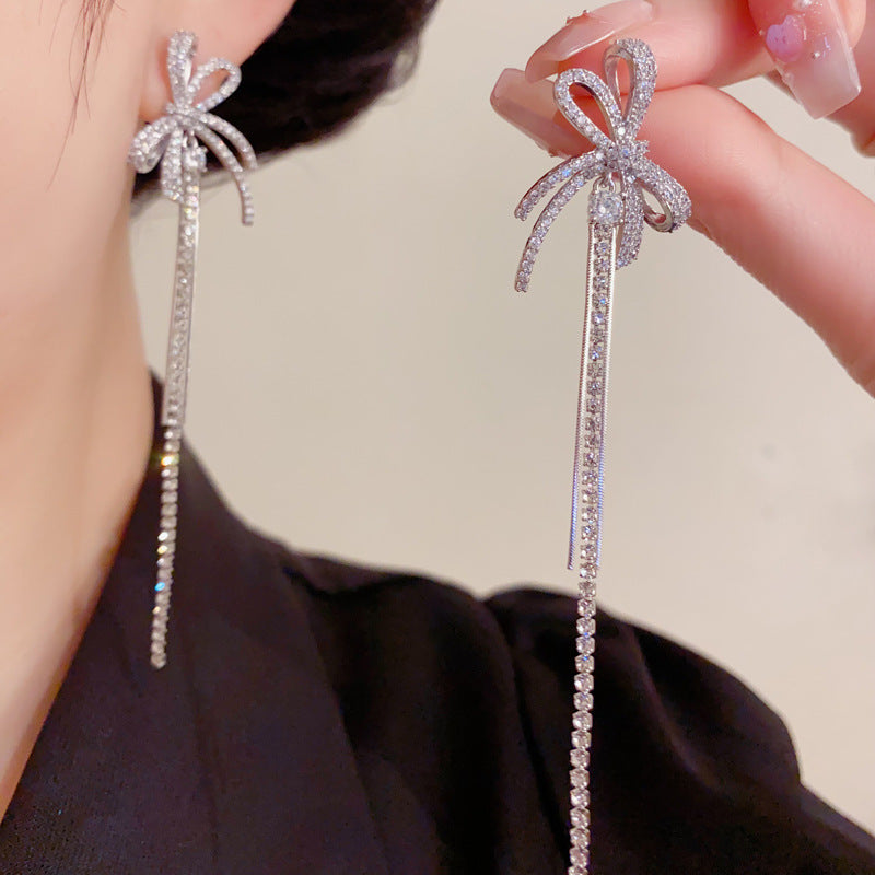 Elegant Zircon Butterfly Bow Tassel Earrings – French Design