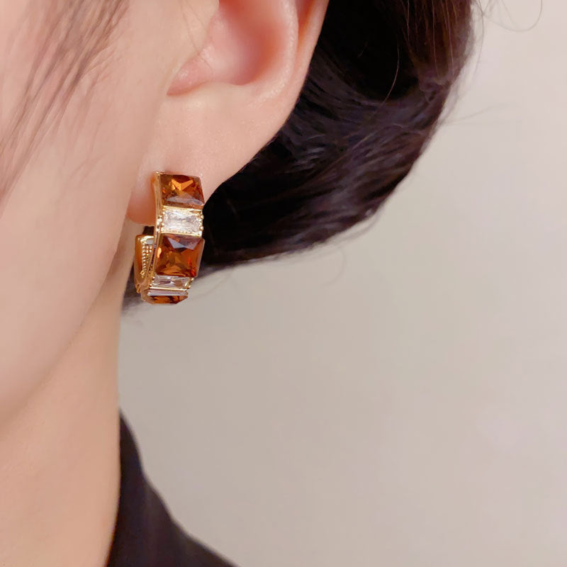 Elegant Zircon Coffee Square Hoop Earrings – Meilard Geometric Design