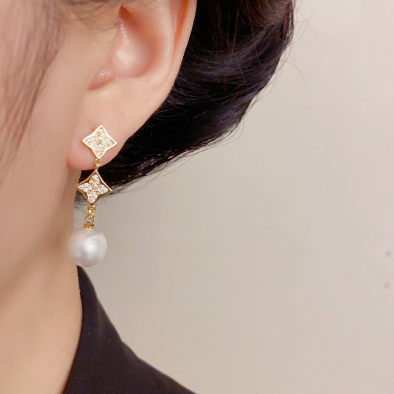 Elegant Zircon Flower Tassel Pearl Drop Earrings – French Design