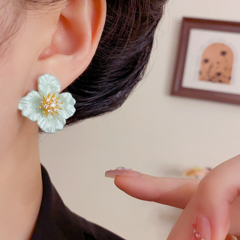 Eaioncol Green Camellia CZ Stud Earrings Gold