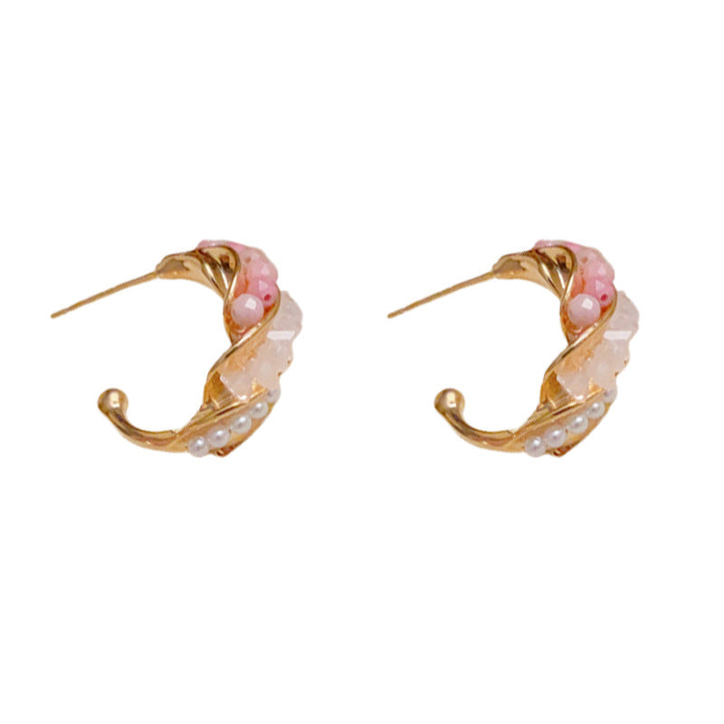 Minimalist Crystal & Pearl Spiral Hoop Earrings – S925 Silver Needle