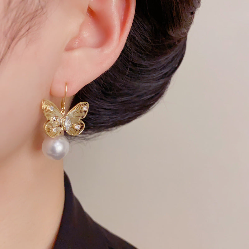 Gold Butterfly Pearl Ear Hooks – Dainty Work Earrings