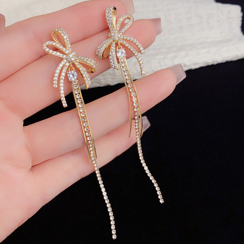 Elegant Zircon Butterfly Bow Tassel Earrings – French Design