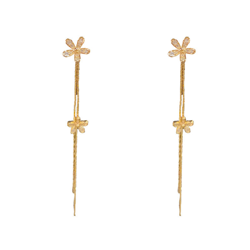 14K Gold-Plated Diamond Flower Drop Earrings - Chic and Elegant Design