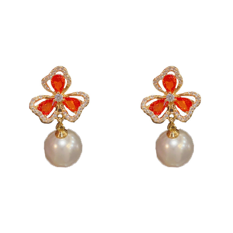 Luxury Micro-Inlaid Zircon Red Clover Pearl Drop Earrings – Floral Design