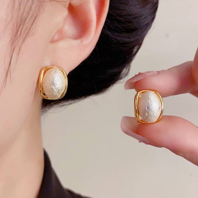 Elegant Cotton Ball Oval Stud Earrings – French Gentle Design