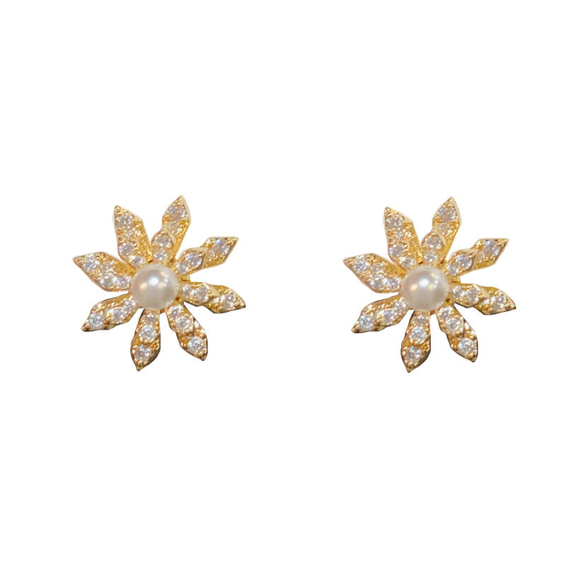 14K Gold-Plated Zircon Rotating Snowflake Earrings - Floral Design