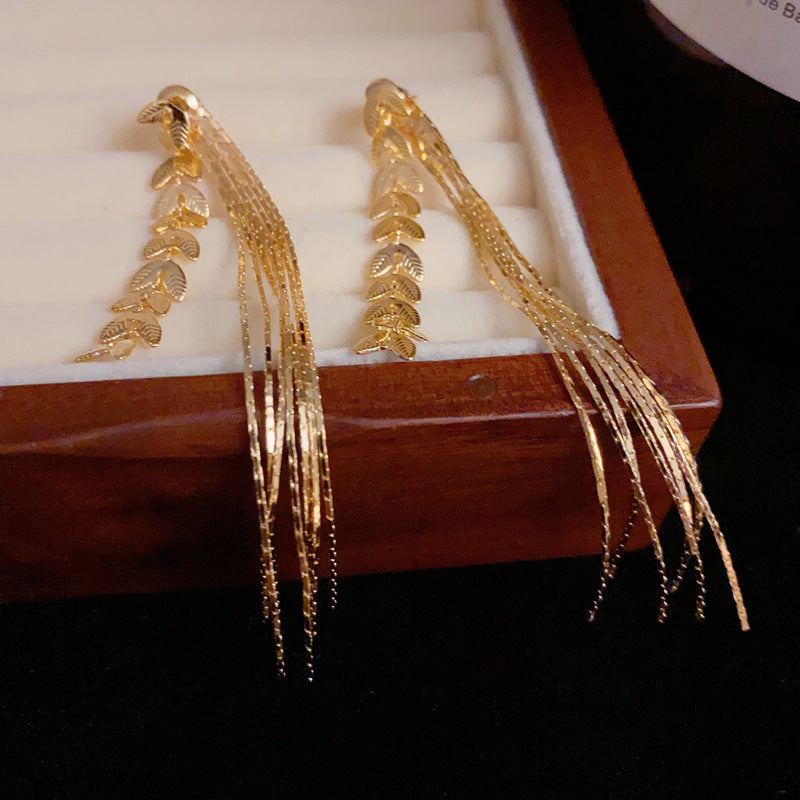 14K Gold-Plated Metal Wheat Long Tassel Earrings-Chic & Elegant Design