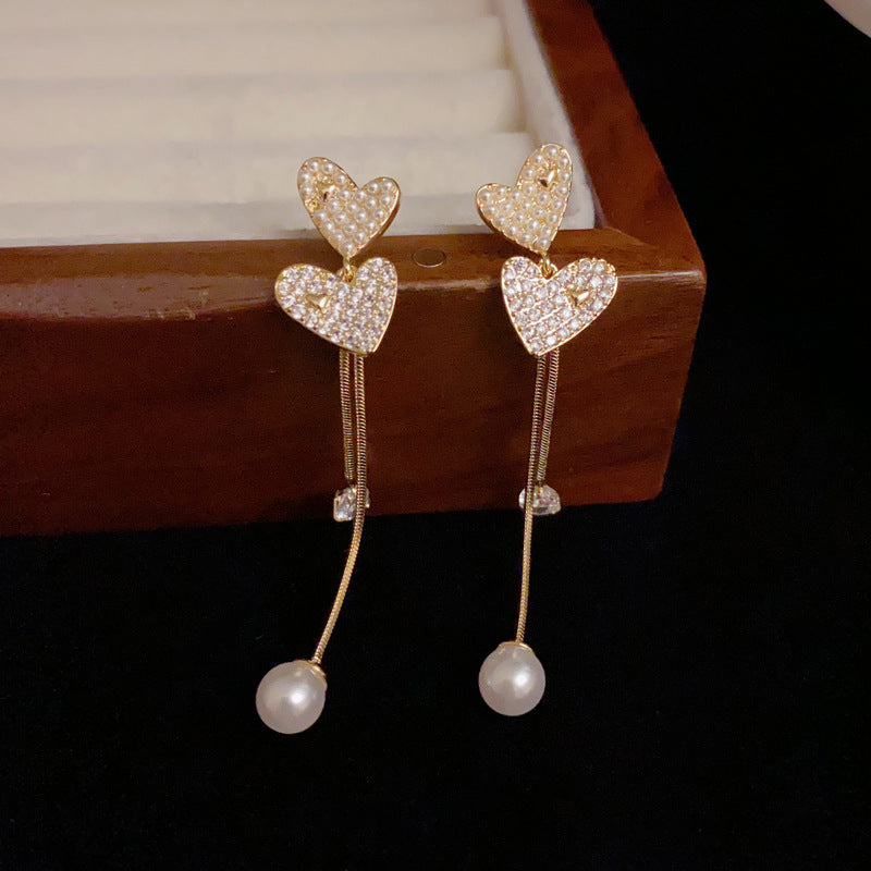 14K Gold Plated Heart Shaped Pearl & Zircon Tassel Earrings - Luxe Minimalist Design