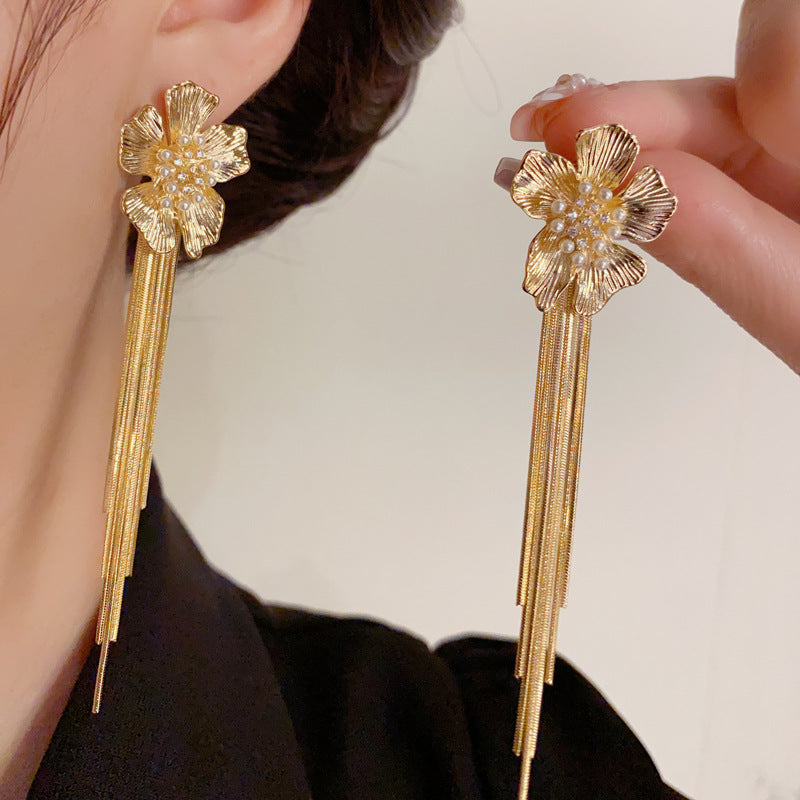 14K Gold-Plated Metal Pearl Petal Long Tassel Earrings-Elegant Design