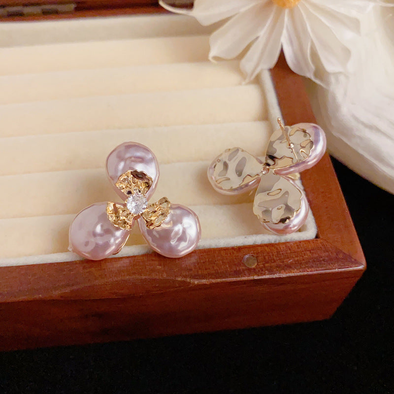 Elegant Faux Baroque Pearl & Flower Stud Earrings – Floral Design