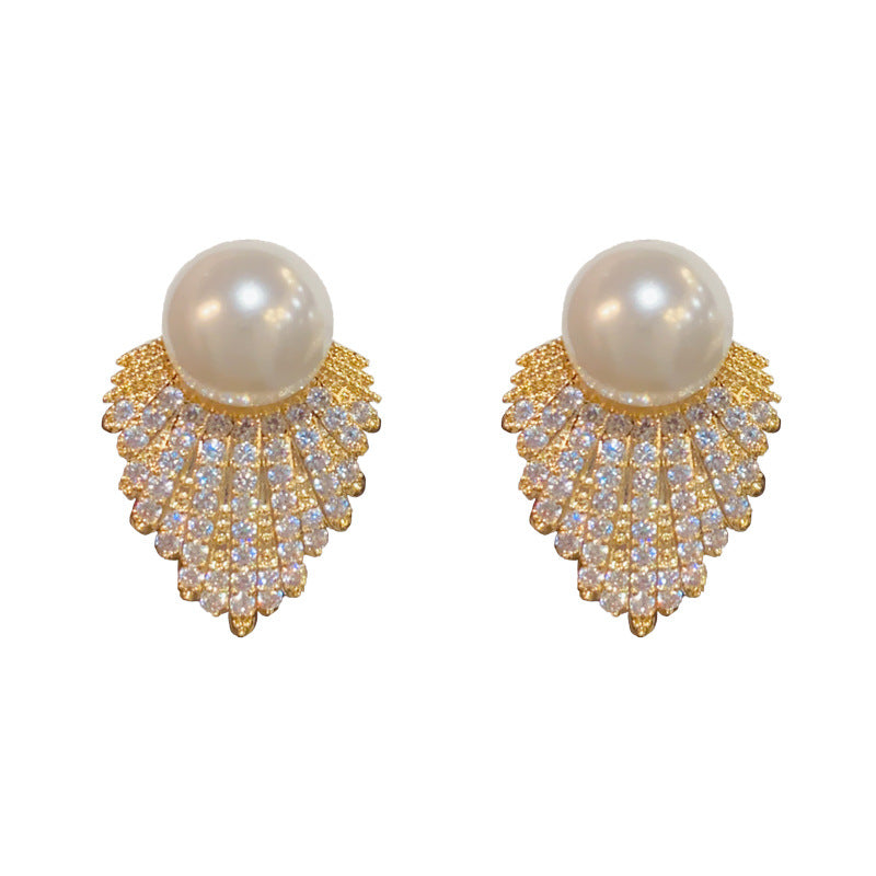 14K Gold-Plated Full Zircon Pearl Stud Earrings - Sparkling Elegance