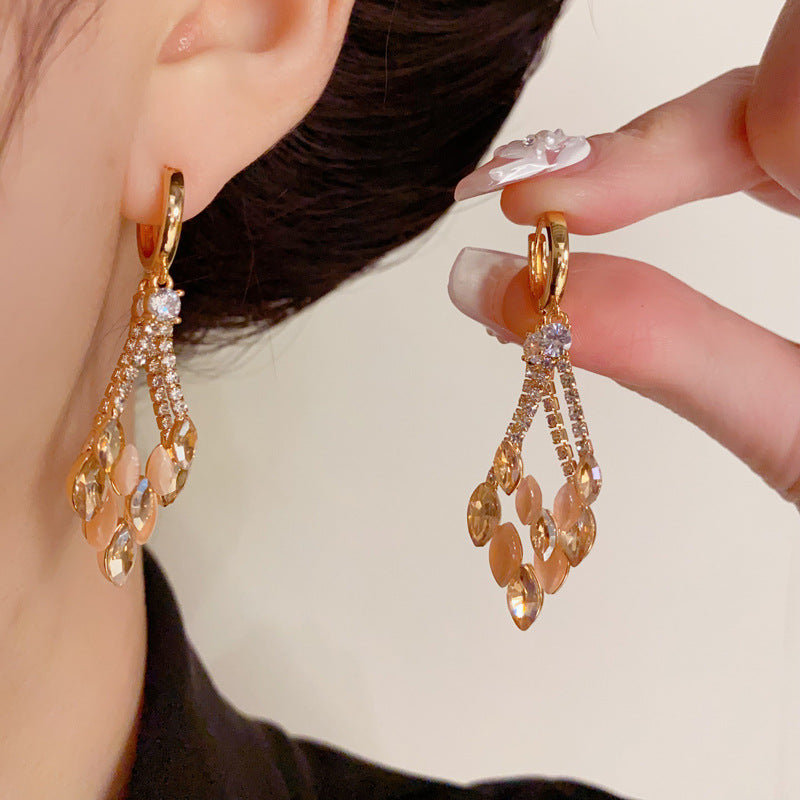 14K Gold-Plated Geo D-Layer Diamond Tassel Earrings - Elegance Design