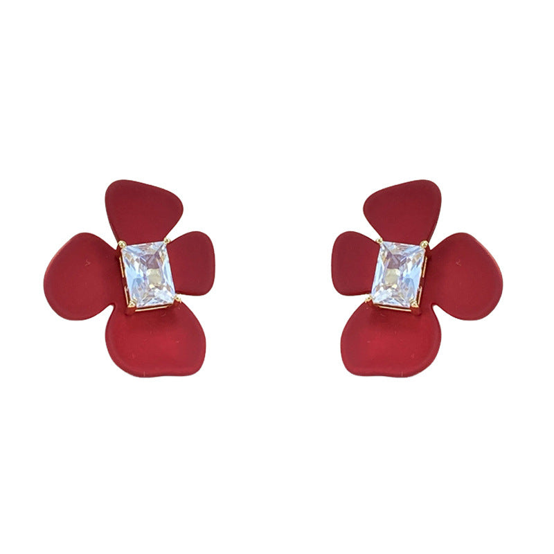 Luxury Red Square Zircon Petal Stud Earrings – Floral Design