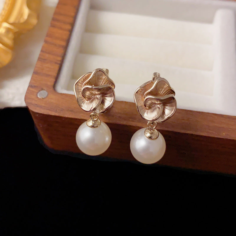 Luxury Petal Pearl Drop Earrings – Elegant Floral Design