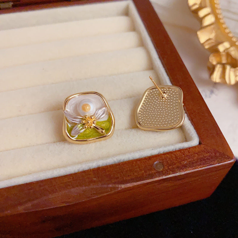 Luxury Green Petal & Pearl Square Stud Gold Earrings – Floral Design