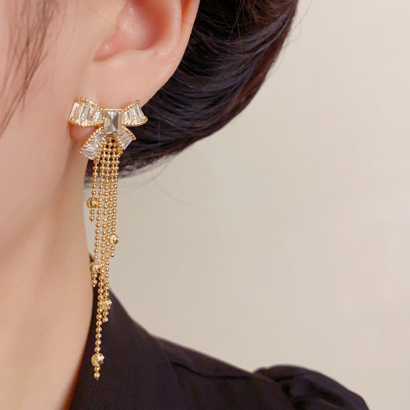 Elegant Zircon Bow Tassel Drop Earrings – French Retro Design