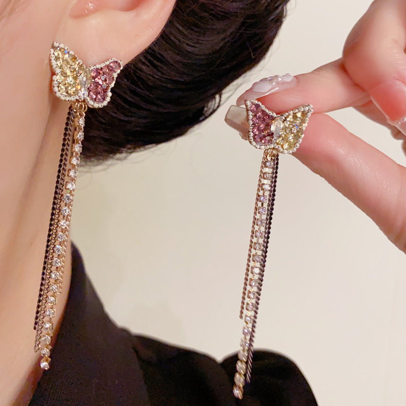 Luxury Colorblock Butterfly Long Tassel Drop Earrings – Elegant Design