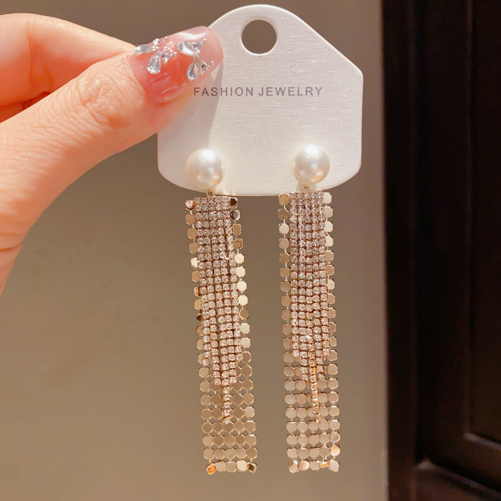 Eaioncol Pearl Geometric Tassel Drop Earrings Warm Gold
