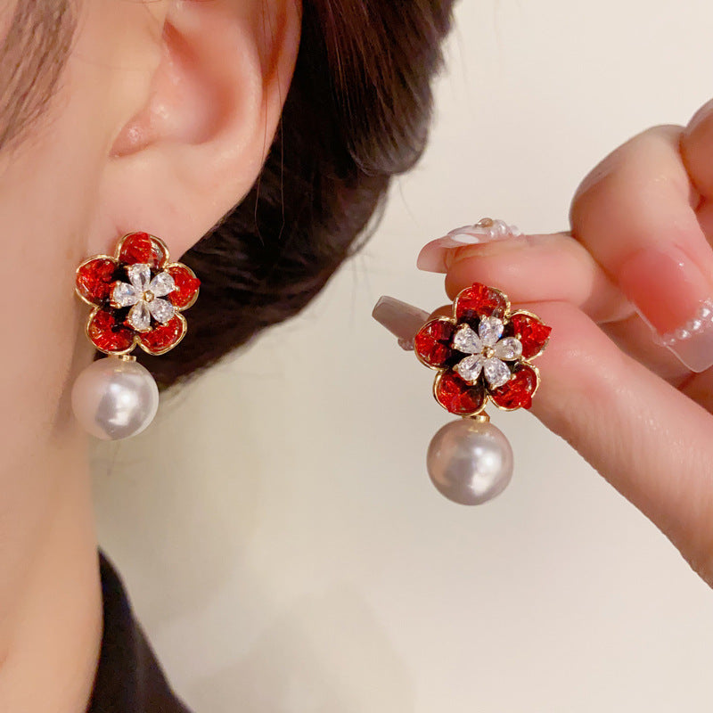 14K Gold-Plated Crystal Red Flower Pearl Earrings-Elegant&Handcrafted