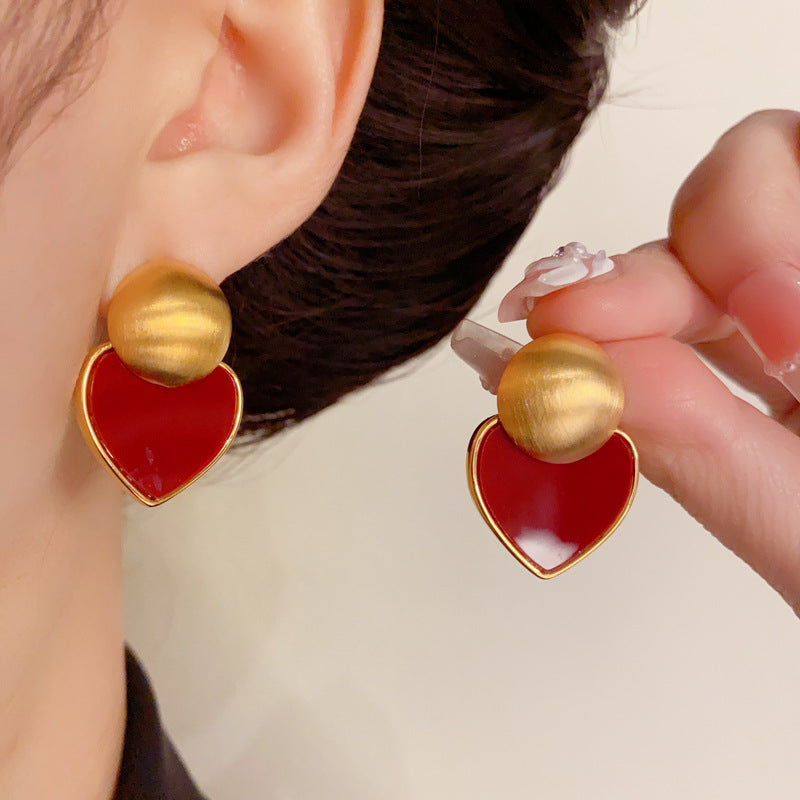 14K Gold-Plated Metallic Brushed Red Heart Earrings - Chic Minimalist