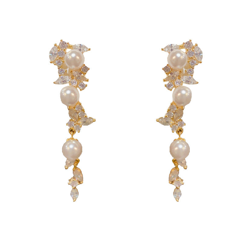 14K Gold-Plated Zircon Leaf Pearl Tassel Drop Earrings-Elegant Sparkle