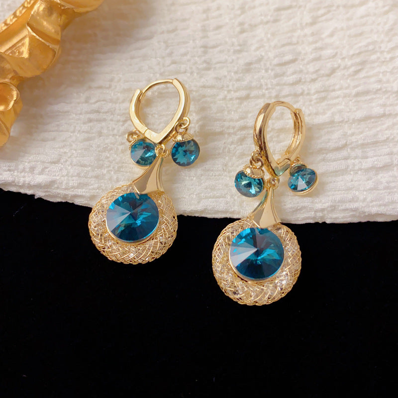 Luxury Metal Mesh Blue-Zircon Circle Tassel Earrings – French Design