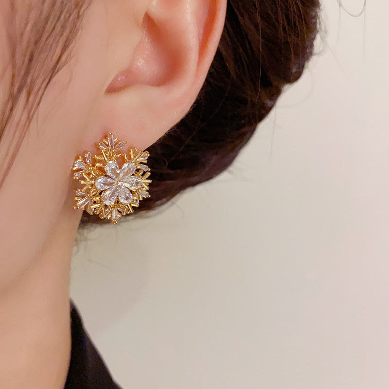 14K Gold-Plated Rotating Zircon Snowflake Stud Earrings-Winter Jewelry