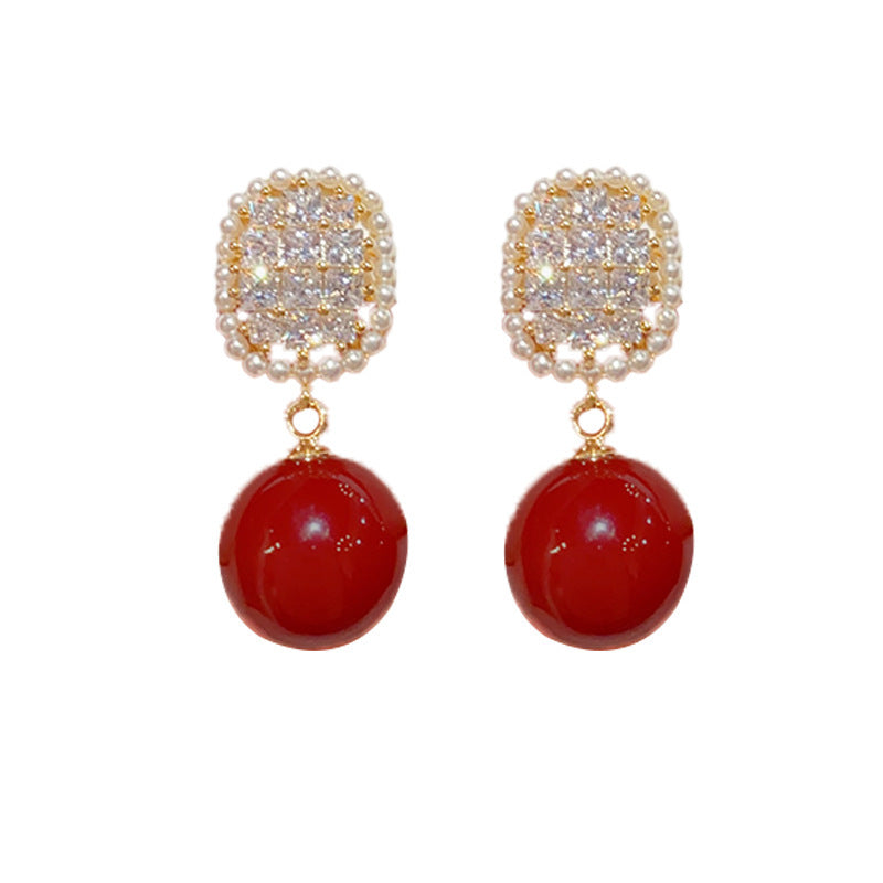 14K Gold-Plated Square Zircon Angora Red Pearl Earrings - Chic & Versatile Jewelry