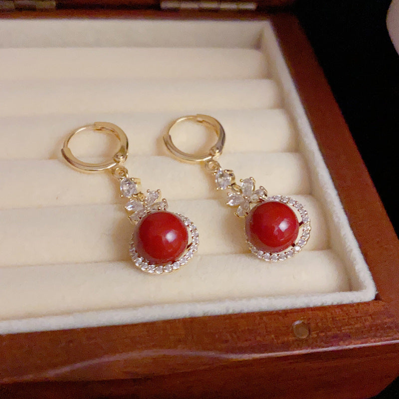 14K Gold-Plated Zircon Flower Red Pearl Hoop Earrings - Chic Design