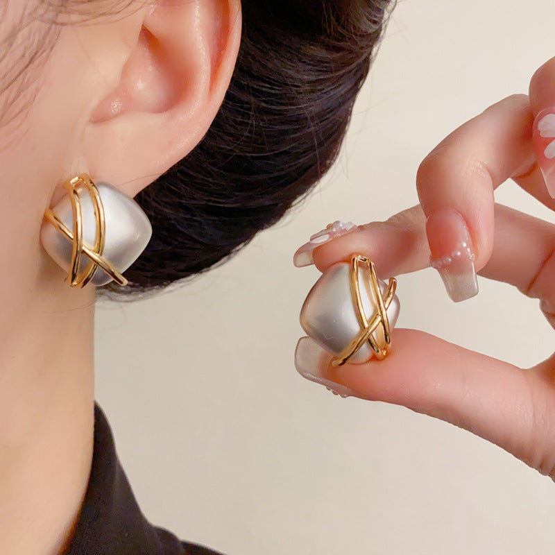 Elegant Square Color-Block Cross Stud Earrings – French Retro Design