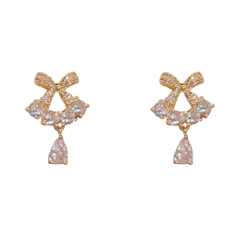 Elegant Zircon Bow Teardrop Drop Earrings – French Minimalist Design