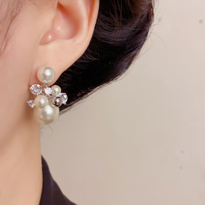 Elegant Zircon Metal Pearl Ball Hoop Earrings – French Gentle Design