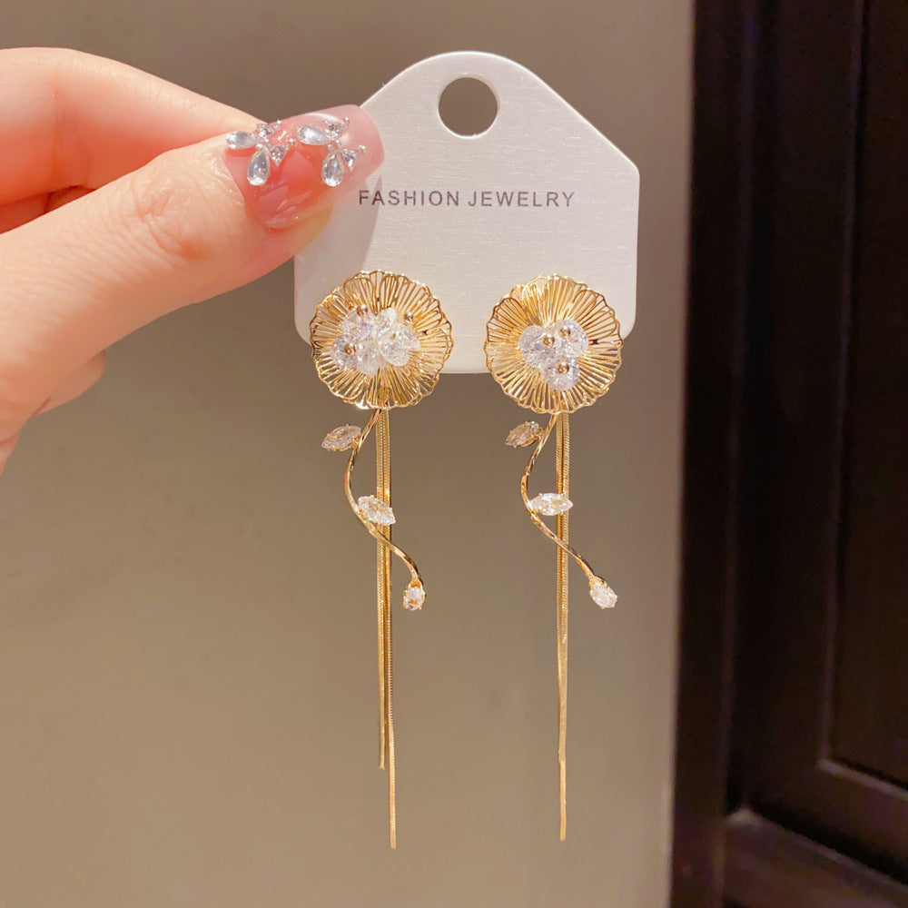 Eaioncol CZ Petal Tassel Drop Earrings 14K Gold Plated