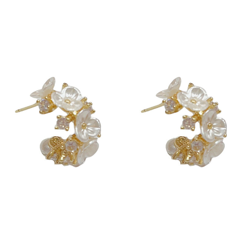 14K Gold-Plated Zircon Floral C-Shaped Hoop Earrings – Sweet Design