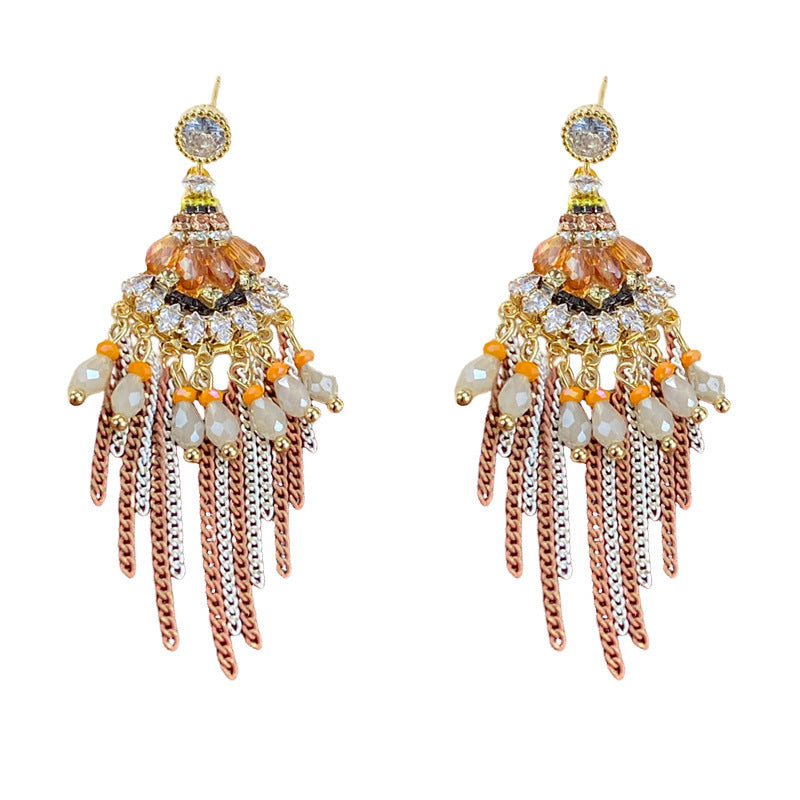 Elegant Beaded Geometric Tassel Drop Earrings – French Retro Design