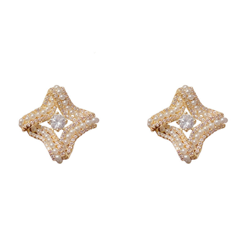 Elegant Full-Zircon Pearl Rhombus Stud Earrings – Geometric Design