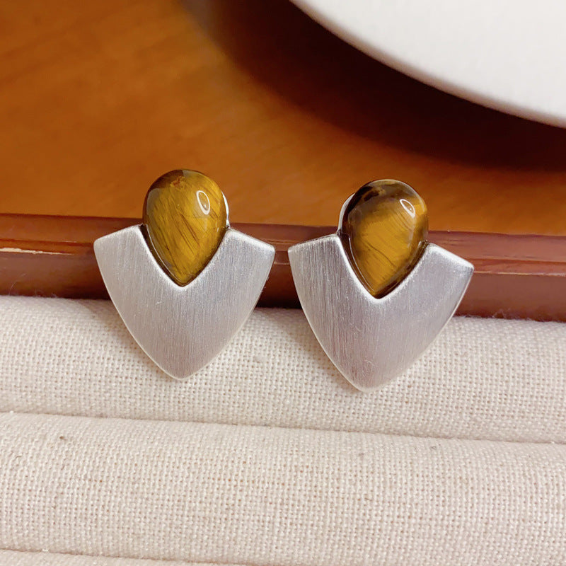 Elegant Tiger's Eye Silver Geometric Stud Earrings – Minimalist Design