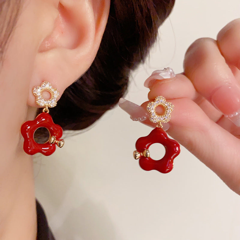 14K Gold-Plated Zircon Red Hollow Petal Earrings - Elegant Design