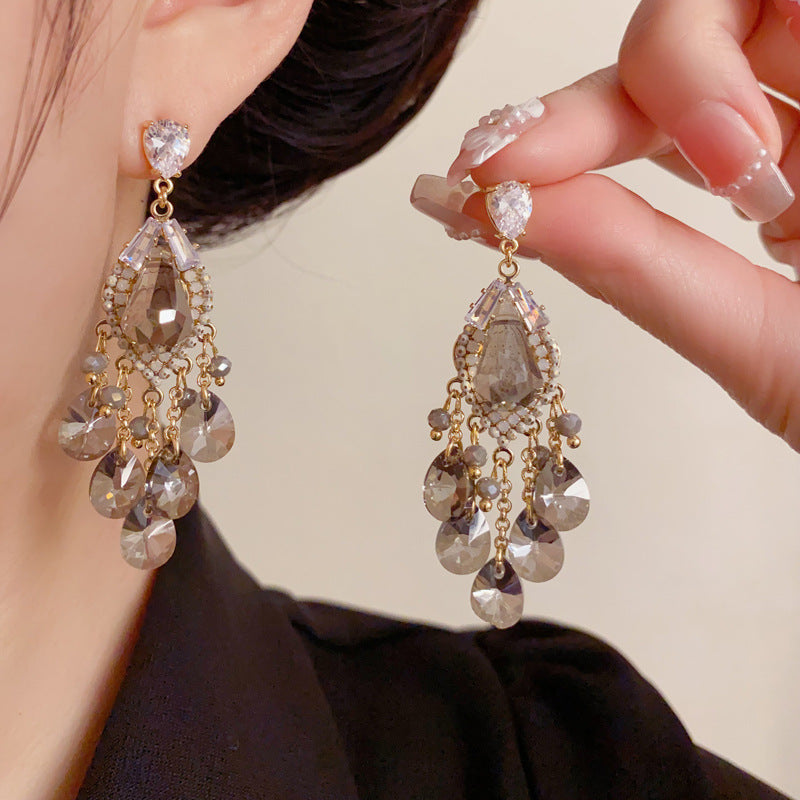 Elegant Crystal Teardrop Tassel Drop Earrings – French Retro Design