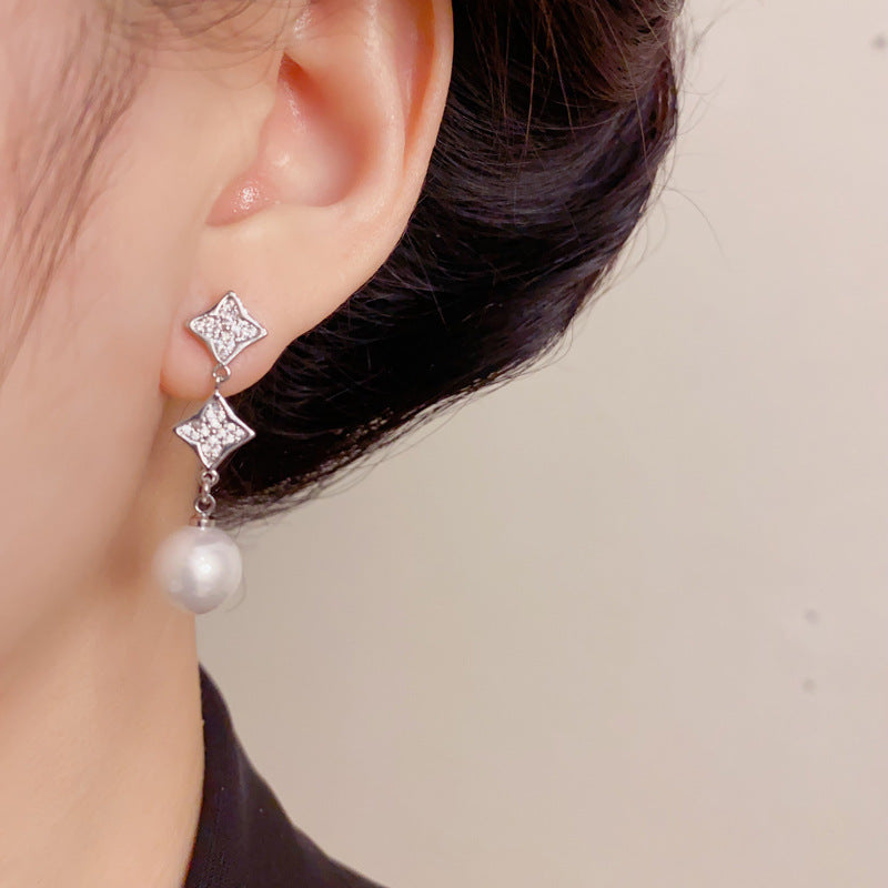 Elegant Zircon Flower Tassel Pearl Drop Earrings – French Design