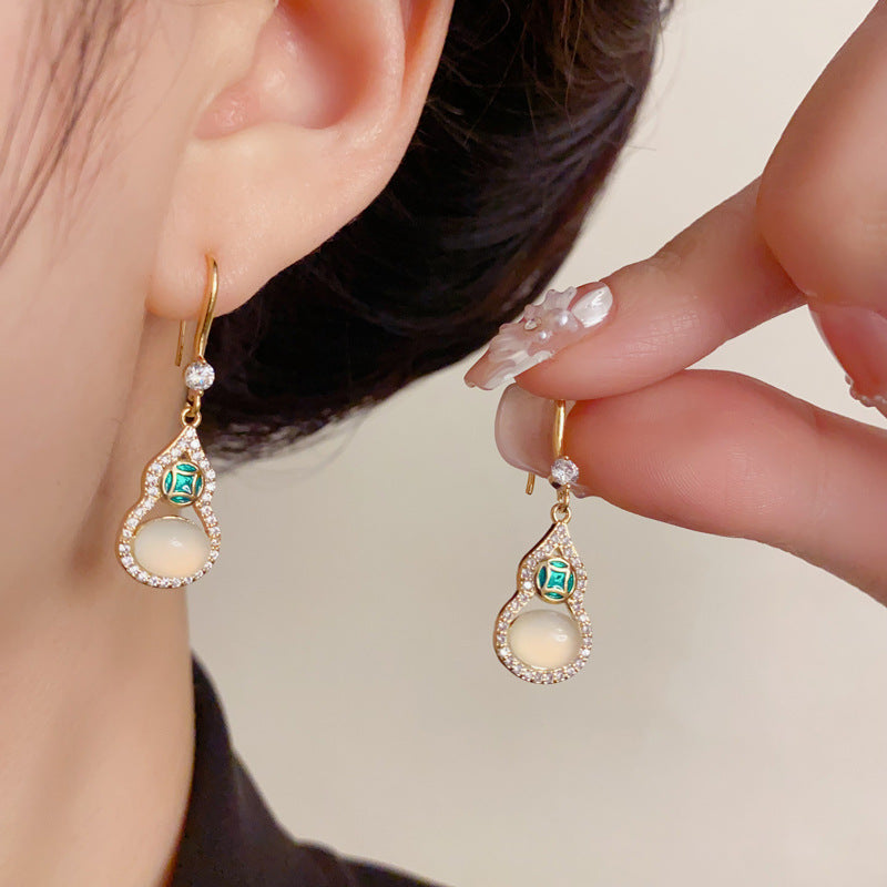 Elegant Full-Zircon Gourd Tassel Drop Earrings – Auspicious Design