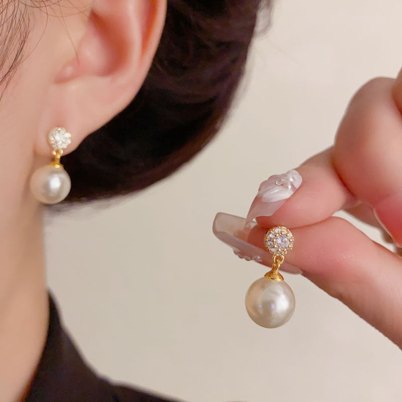 Luxury Zircon Pearl Drop Earrings – Geometric Design