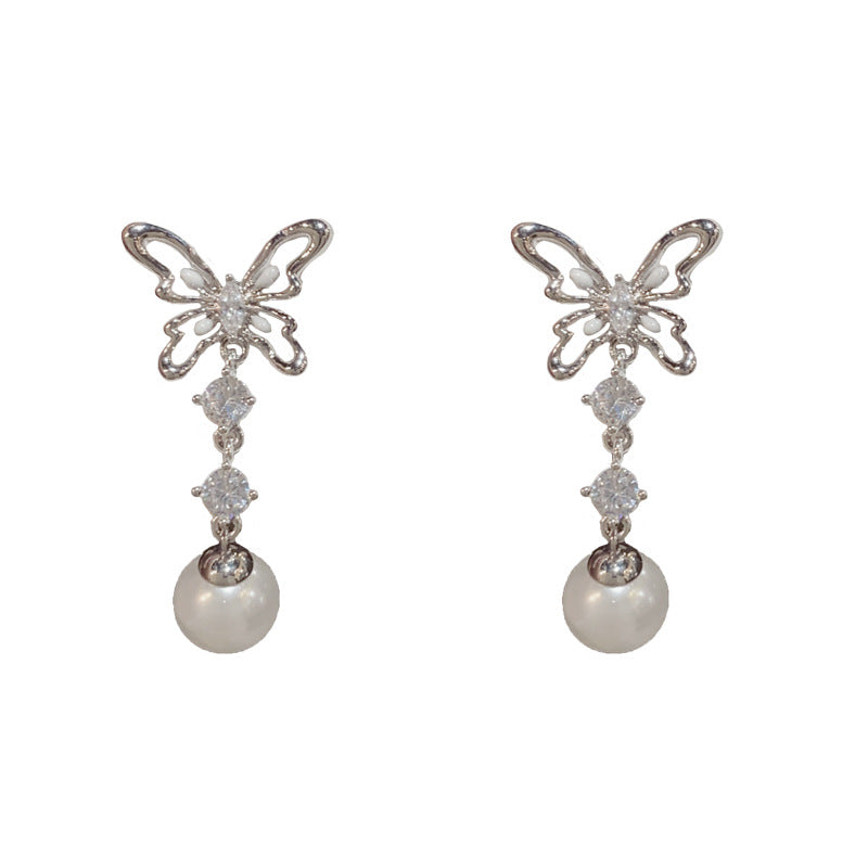 14K Gold-Plated Hollow Butterfly Pearl Drop Earrings -Elegant&Delicate