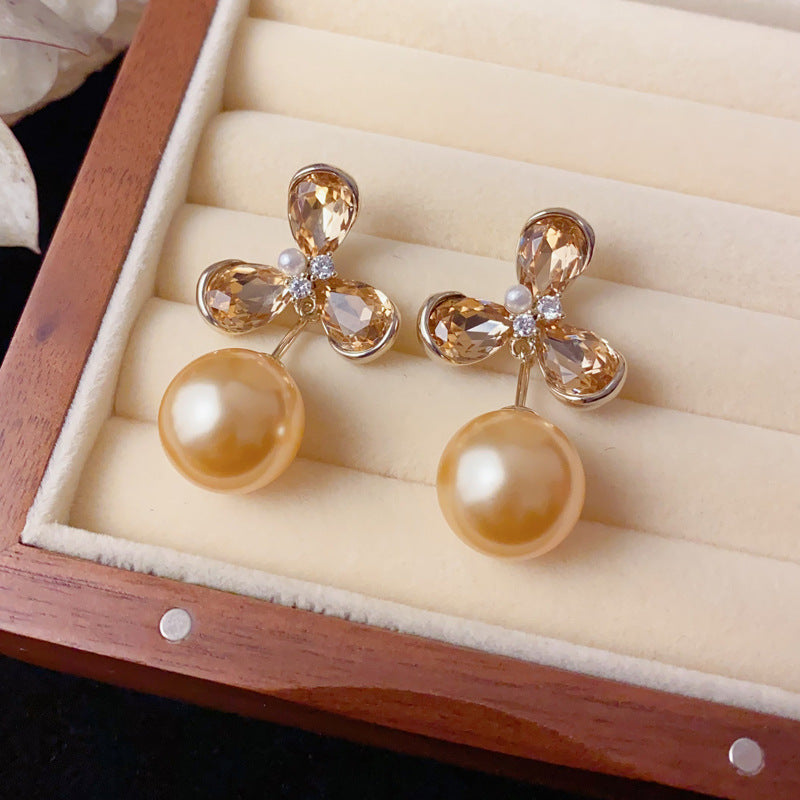 Elegant Zircon Four-Leaf Flower Pearl Drop Earrings – Lucky Design