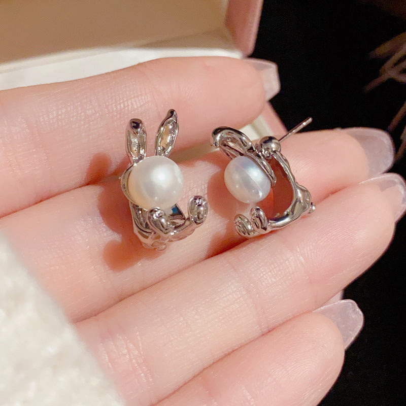 S925 Rabbit Pearl Earrings - Zodiac-Inspired Chic Studs