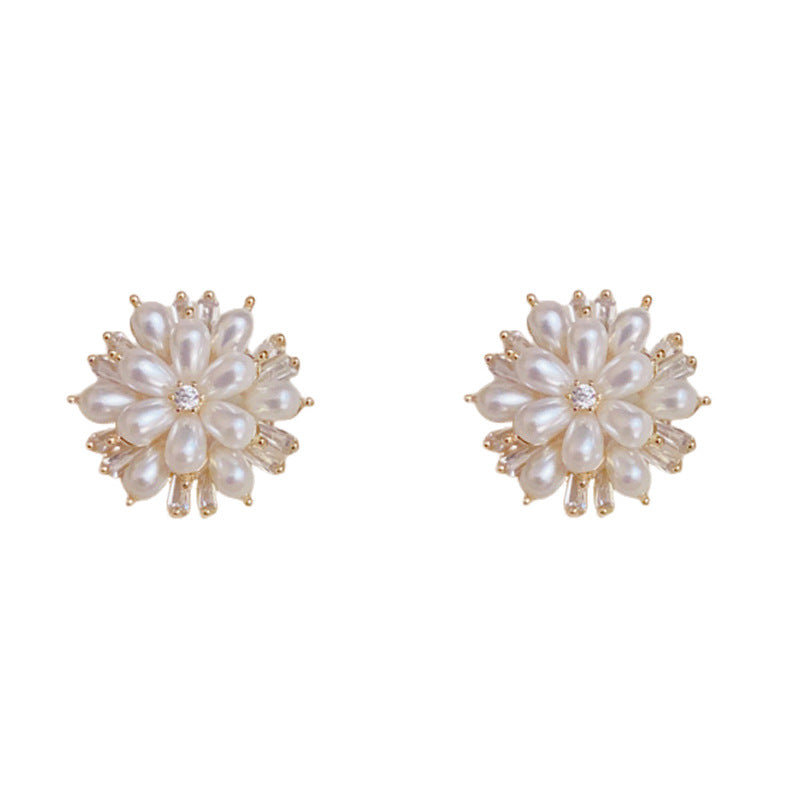 Luxury Zircon & Pearl Petal Stud Flower Earrings – Elegant Design